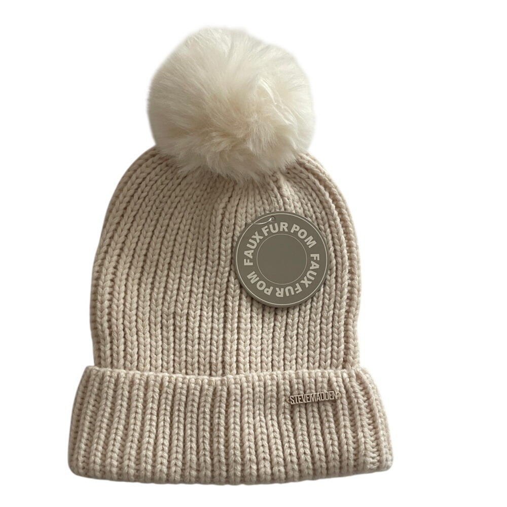 Steve Madden Cream Knit Pom-Pom Womens Beanie Hat‎ NWT